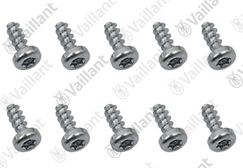 Vaillant Schrauben in metallischer Ausführung, zehn Stück, zur Befestigung geeignet. Sie zeigen eine zylindrische Form mit eingeprägtem Innenprofil für einen Schraubendreher.